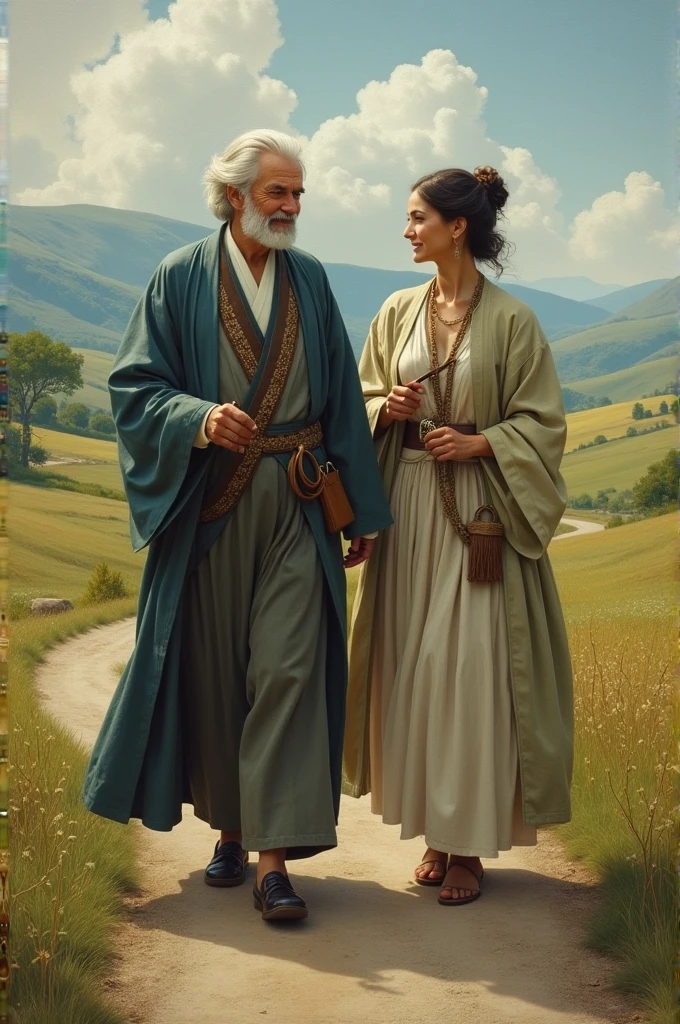 :

Portrait of a wise man walking along a country road, meeting a beautiful and intelligent woman, with fine details of clothing and landscape.
