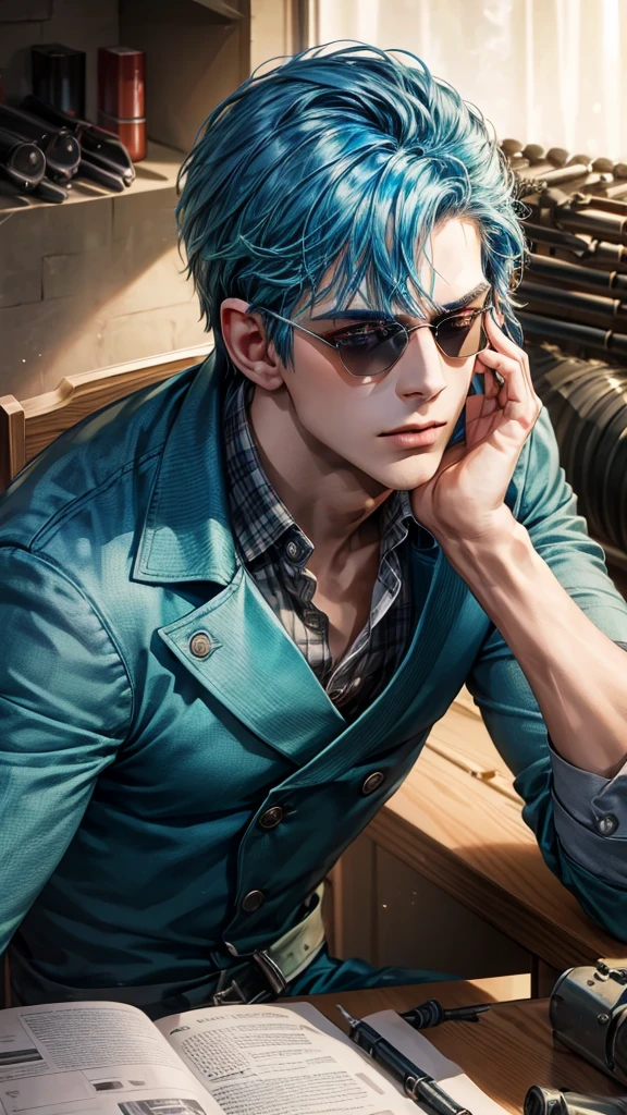 Best Qualitily, Masterpiece, A handsome young man, blue hair, shiny green eyes, sunglasses, looking upwards, sitting in a bunker filled with weapons and explosives