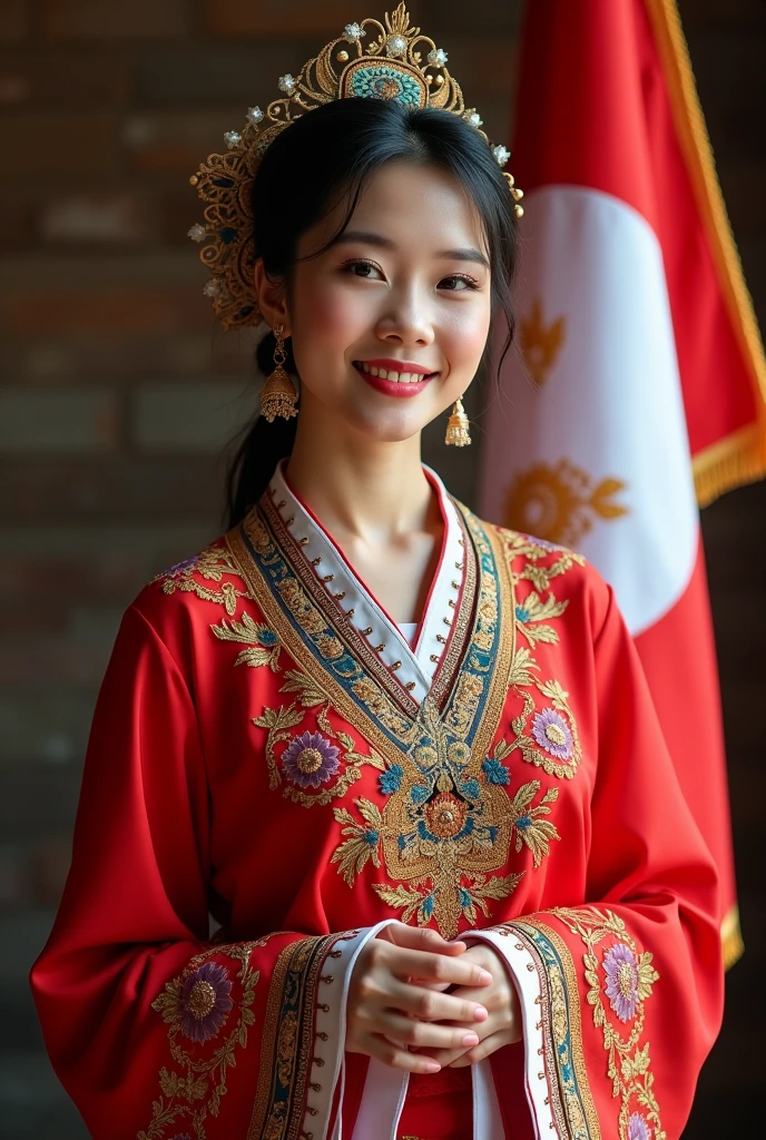 A beautiful Lao woman wearing a Lao national costume poses for a photo, smiling beautifully, with the Lao flag in the background.