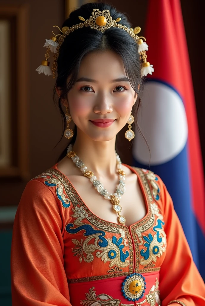 A beautiful Lao woman wearing a Lao national costume poses for a photo, smiling beautifully, with the Lao flag in the background.