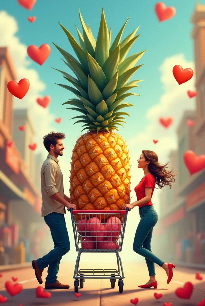 An upside down pineapple inside a shopping cart with hearts around it and a man and a woman in love pushing the cart