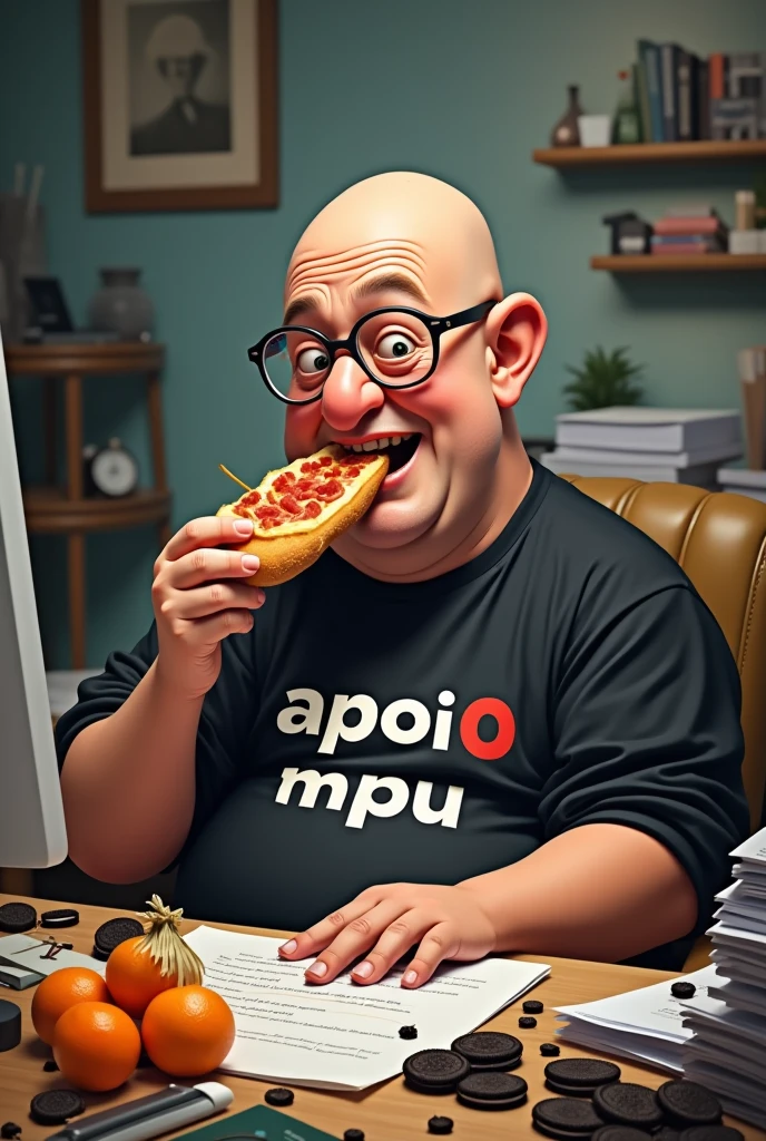 white male, aged 50, baldie, SMOOTH FACE, wearing glasses, cheeky, Scrawny, but very pot-bellied. Eating a baguette with lots of ham. Sitting behind a very messy desk, with computer, stacks of papers, crumbs and lots of Oreo cookies. Wearing a black shirt with the phrase: APOI0 MPU. A bag full of tangerines on the table. More Oreo Cookies.