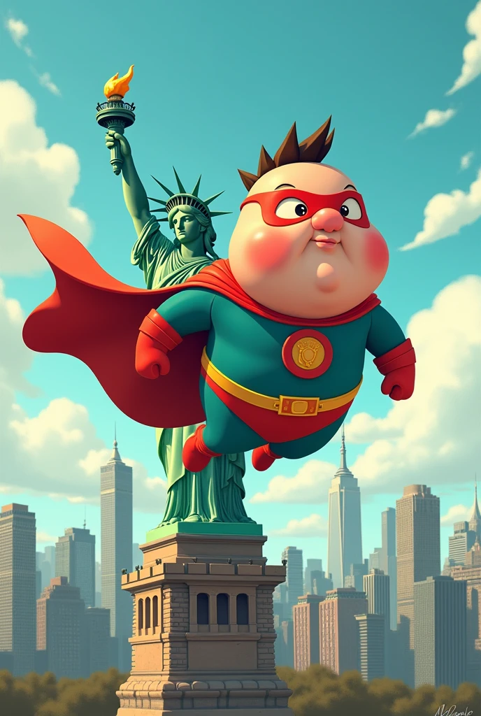 Draw me a picture , chubby boy patman flies over the statue of liberty