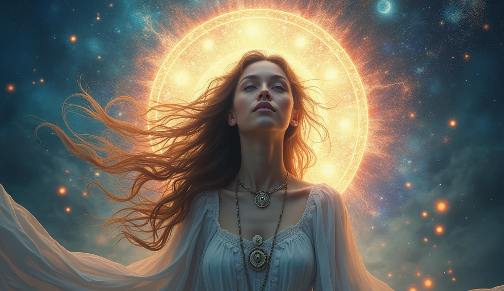 An ethereal, mystical woman with flowing hair, looking directly at the viewer, standing near a glowing, otherworldly portal. The scene transitions from a realistic world to a surreal, abstract environment with vibrant colors, light rays, and energy waves. The atmosphere is otherworldly, captivating, and awe-inspiring, blending natural and cosmic elements. The woman's serene expression symbolizes wisdom and connection to higher dimensions.
