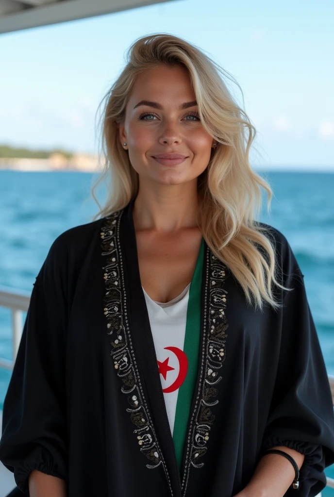 Close up, woman, blonde, plump, wearing a black caftan with a modern embroidered pattern, holding the Algerian flag around her neck in white and green, looking directly at the camera, she is standing on a boat at sea