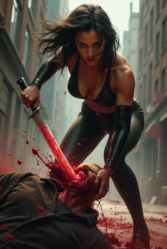 Realistic, A beautiful superheroine girl knife, cut throat A man blindfold neck bloody splash, full body, wide open throat, throat contents