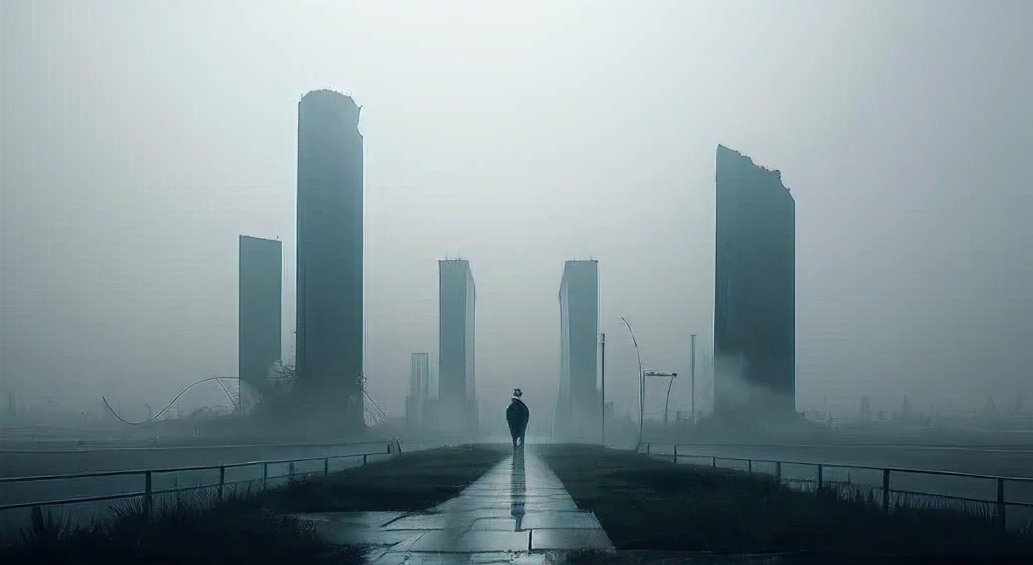 loneliness and hard fog, ruins of city