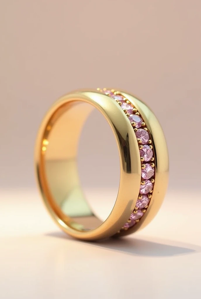 create a traditional concave gold wedding ring with pink diamonds centered on a 4 mm wide band