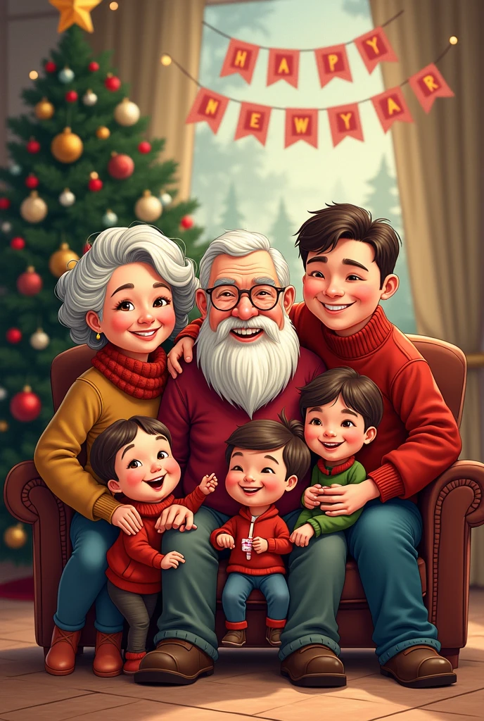 Vector drawn image, in landscape mode, a grandfather and grandmother sitting on a sofa, happy with their eldest daughter, behind them their eldest son and his wife, their young daughter and her husband, and in front of them their grandchildren, a girl and a boy, are playing, and all are dressed in Christmas clothes, and a Christmas tree in the background and a banner written on it, Happy New Year ,The picture is drawn as a caricature, using vector and colored linear drawings with high details.