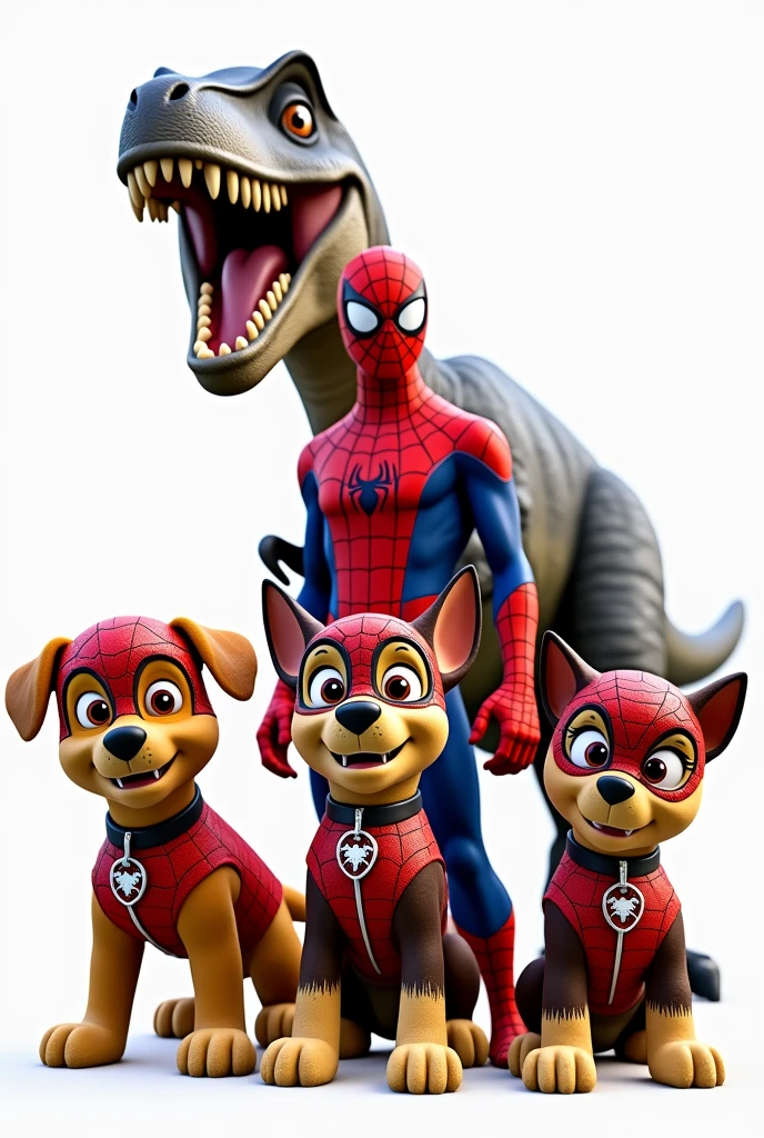 paw patrol in spiderman costume, spiderman and dinosaur on transparent background