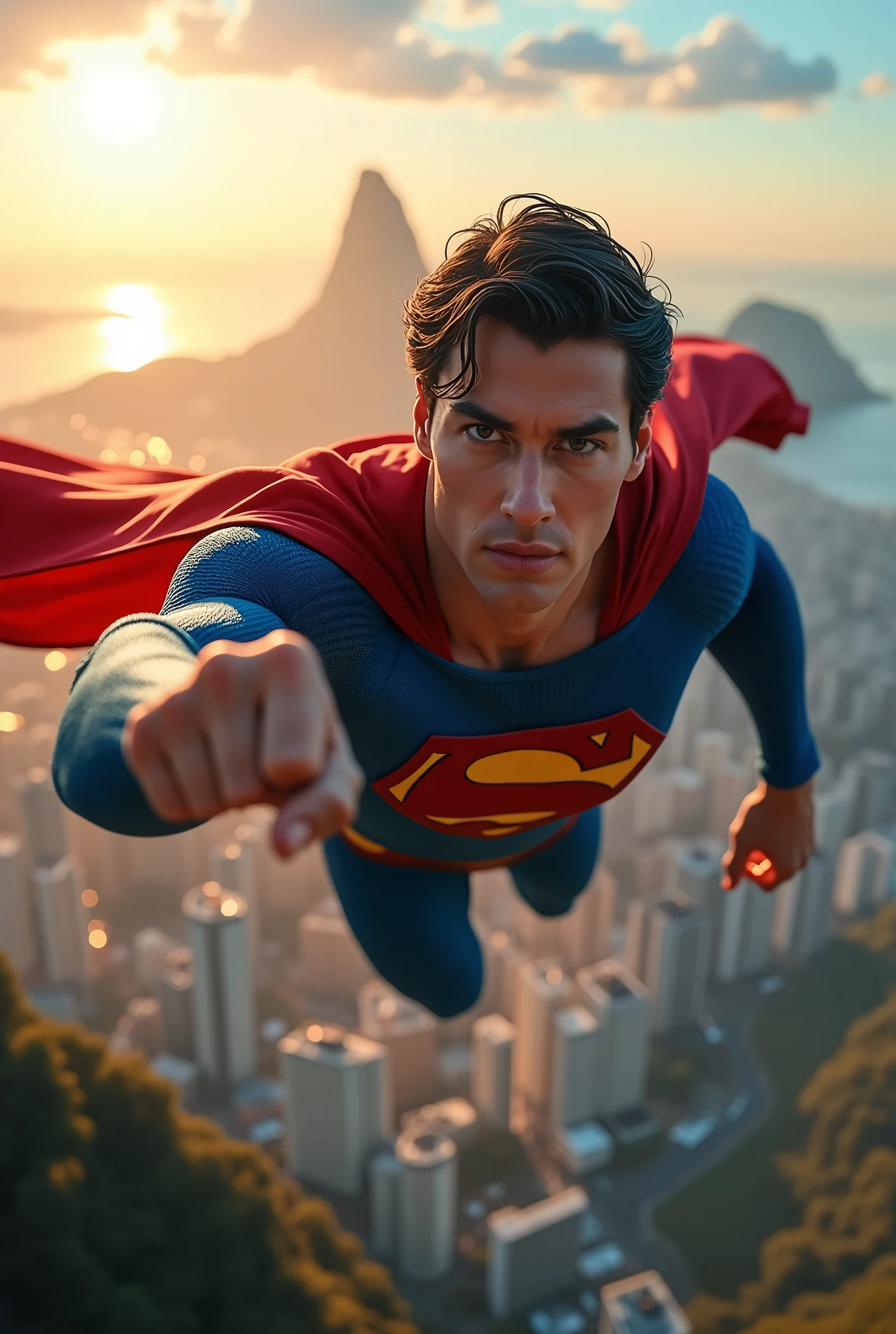 superman flying in the sky over the city of Rio de Janeiro, ultra detaild, ultra realistic, flying very fast, traces of fire, close-up, front view, ((you can see Christ the Redeemer in the background)), punch pose, dark blonde hair