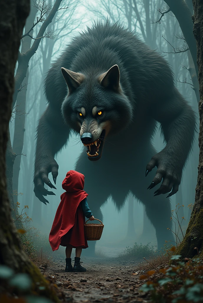 Make Little Red Riding Hood with Big Bad Wolf Ultra Realistic Art Style 