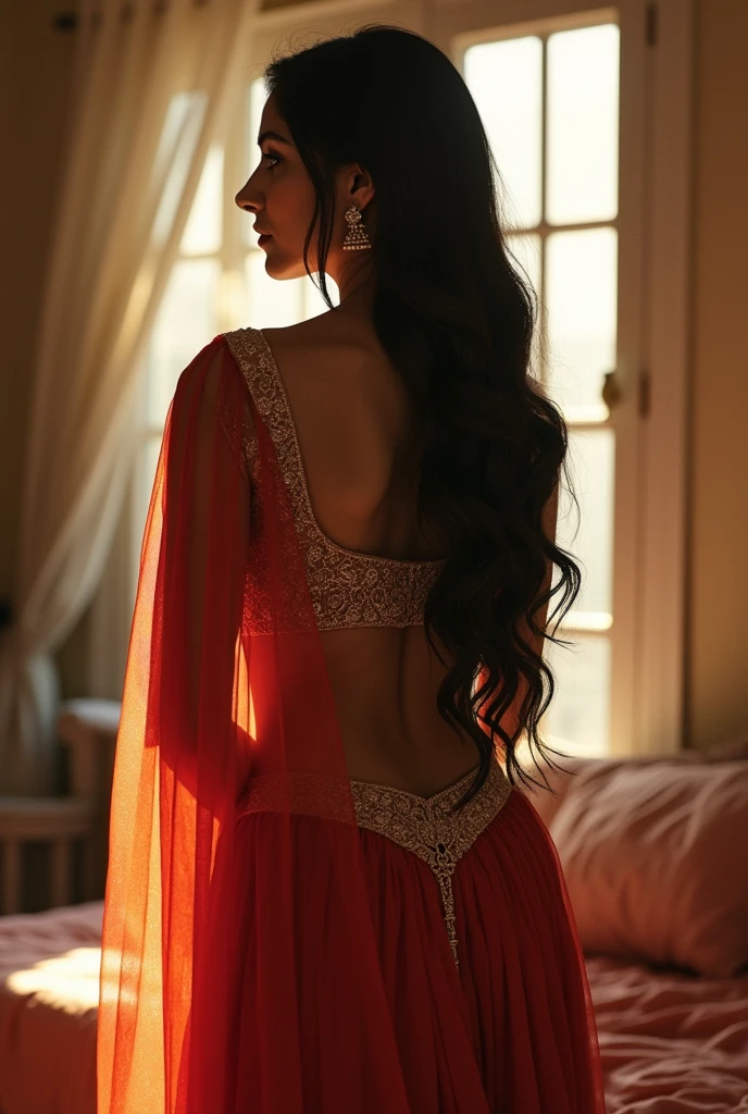 Indian woman in deep u neck blouse and petticoat without saree standing with back view in bedroom 