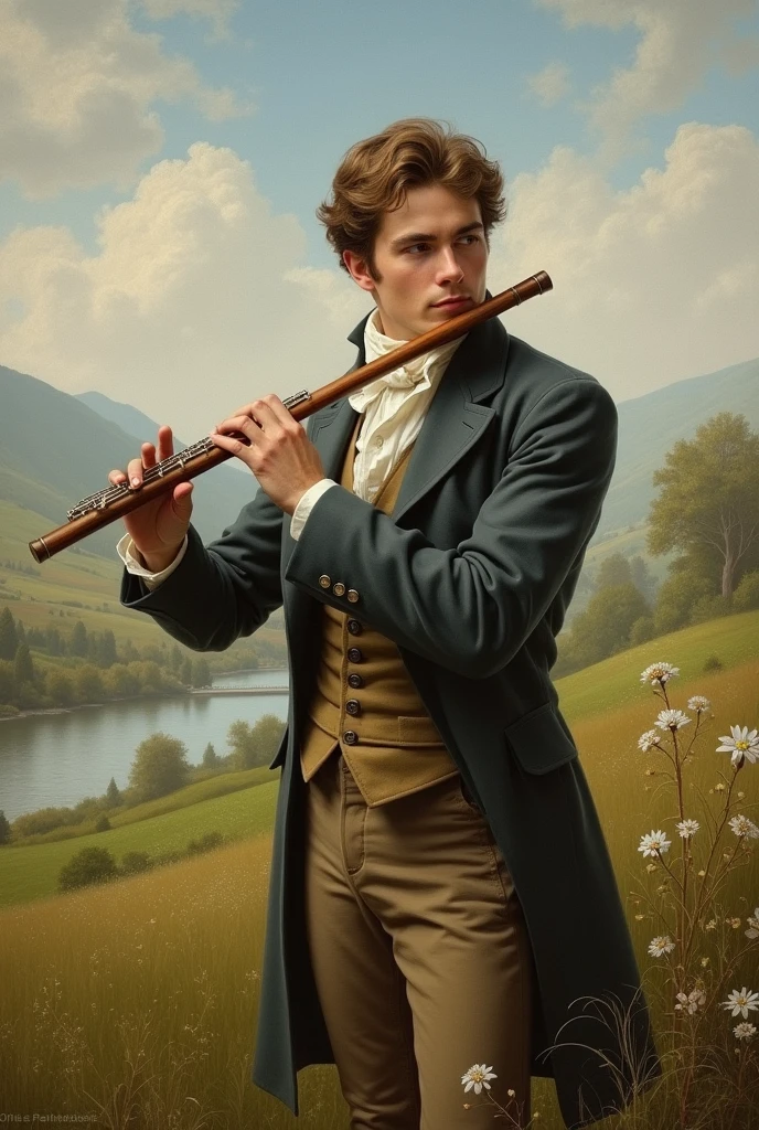 moments follow the attractive man playing a flute in the countryside in the year 1800