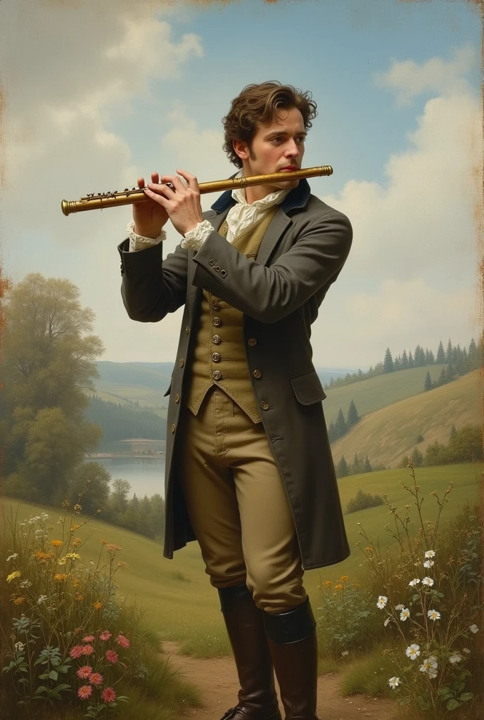 moments follow the attractive man playing a flute in the countryside in the year 1800