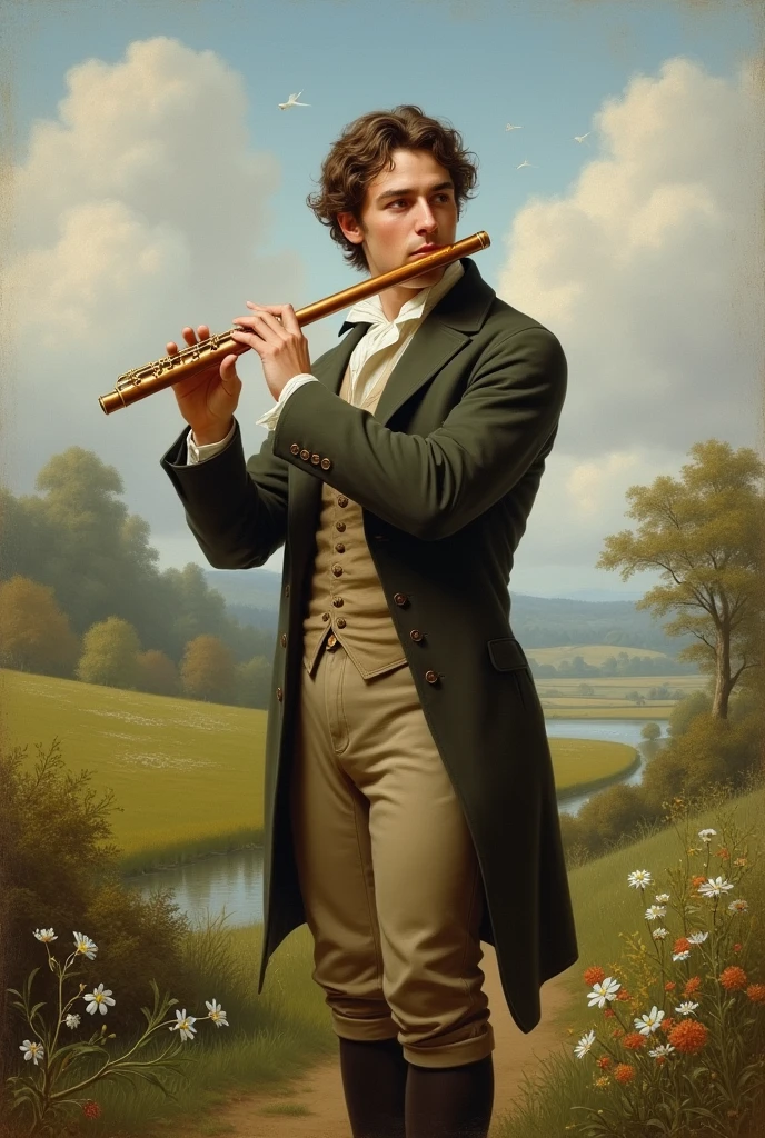 moments follow the attractive man playing a flute in the countryside in the year 1800