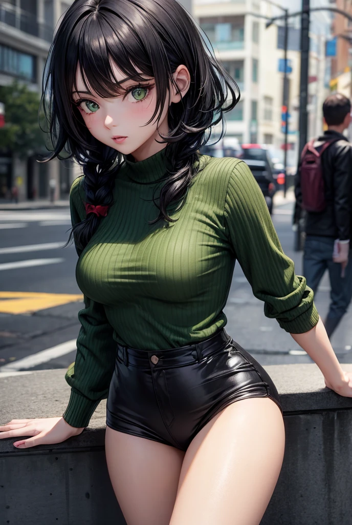Girl with black hair green eyes, medium breasts and small waist Casual clothing