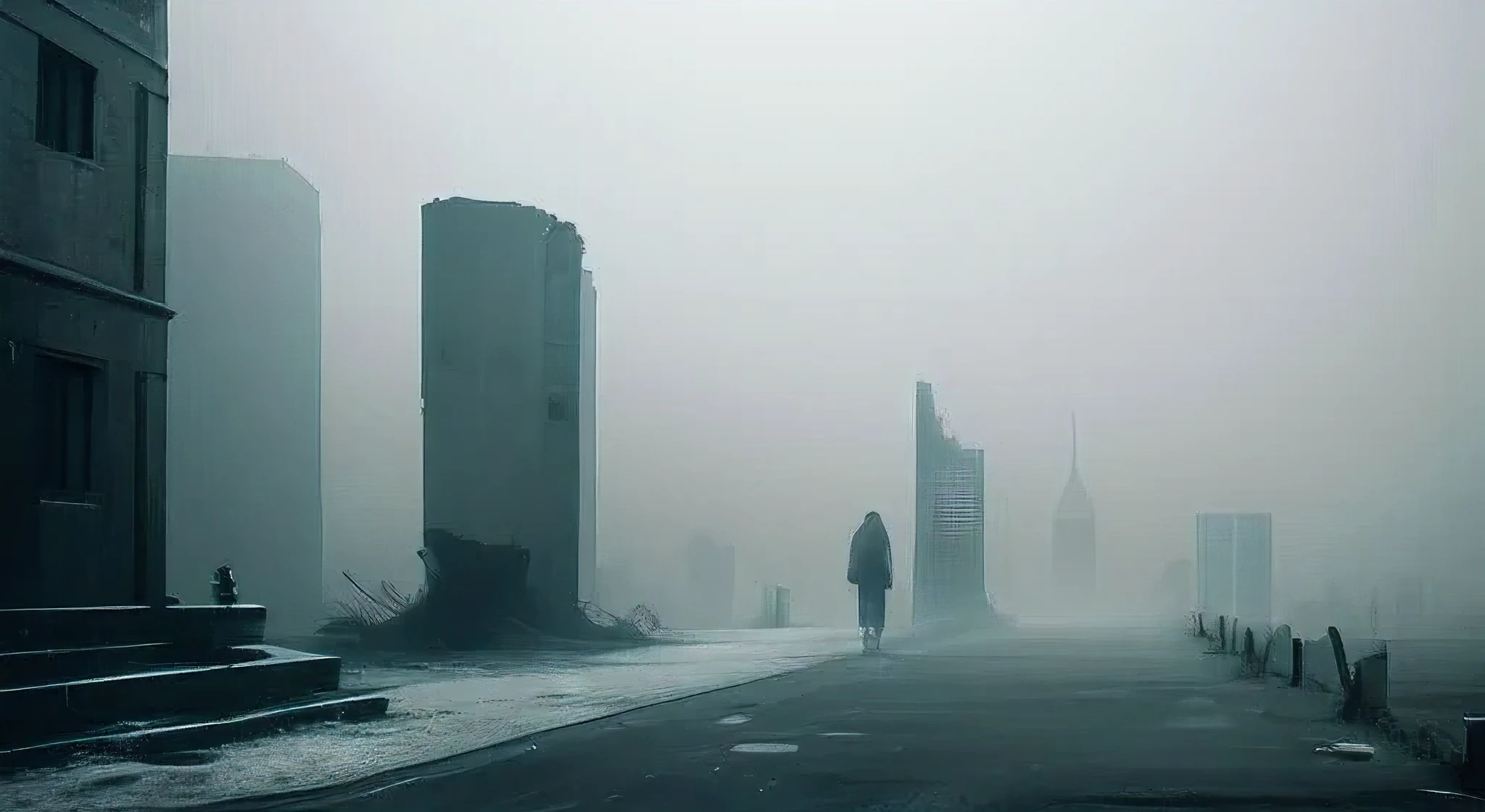 loneliness and hard fog, ruins of city