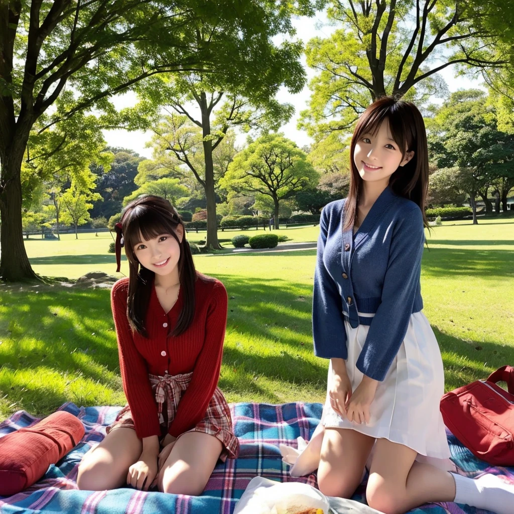 Japan Girls、Sitting on a picnic blanket in the park、She&#39;s wearing a cute little see-through summer outfit、Actual photo、masterpiece, Accurate, Highest quality, Ultra-high resolution, smile, 