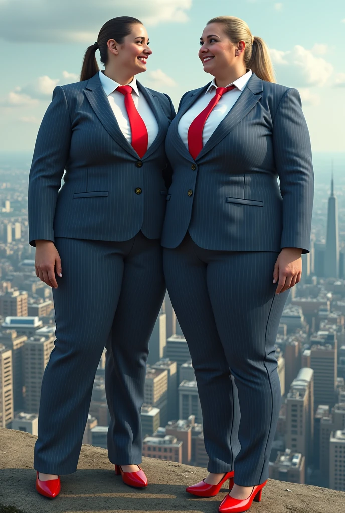 two giant curvy lesbian women full body view giga giantess giant art massive compared to london huge breasts light navy blue pinstriped suit white tailored shirt done up thick and very large Windsor knot red tie Has ponytail Wearing a pair of red platform heels Professional attire A look of enjoyment, Beautiful appearance, smile, kissing (satellite view)giga goddess