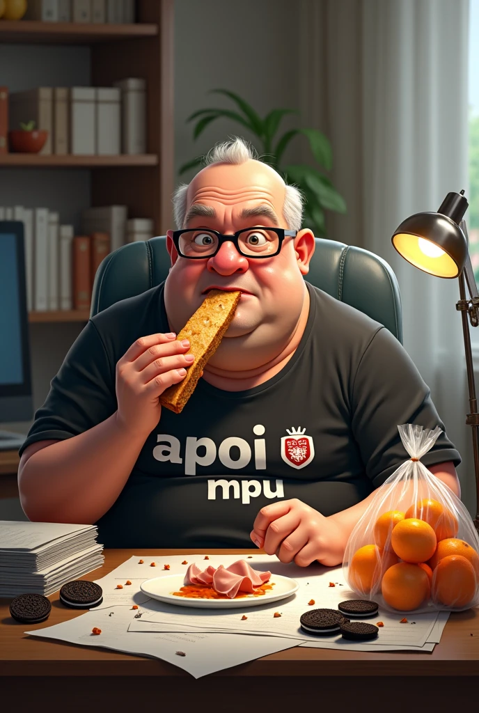 white male, aged 50, baldie, SMOOTH FACE, wearing glasses, cheeky, Scrawny, but very pot-bellied. Eating a baguette with lots of ham. Sitting behind a very messy desk, with computer, stacks of papers, crumbs and lots of Oreo cookies. Wearing a black shirt with the phrase: APOI0 MPU and a coat of arms. A bag full of tangerines on the table. More Oreo Cookies.