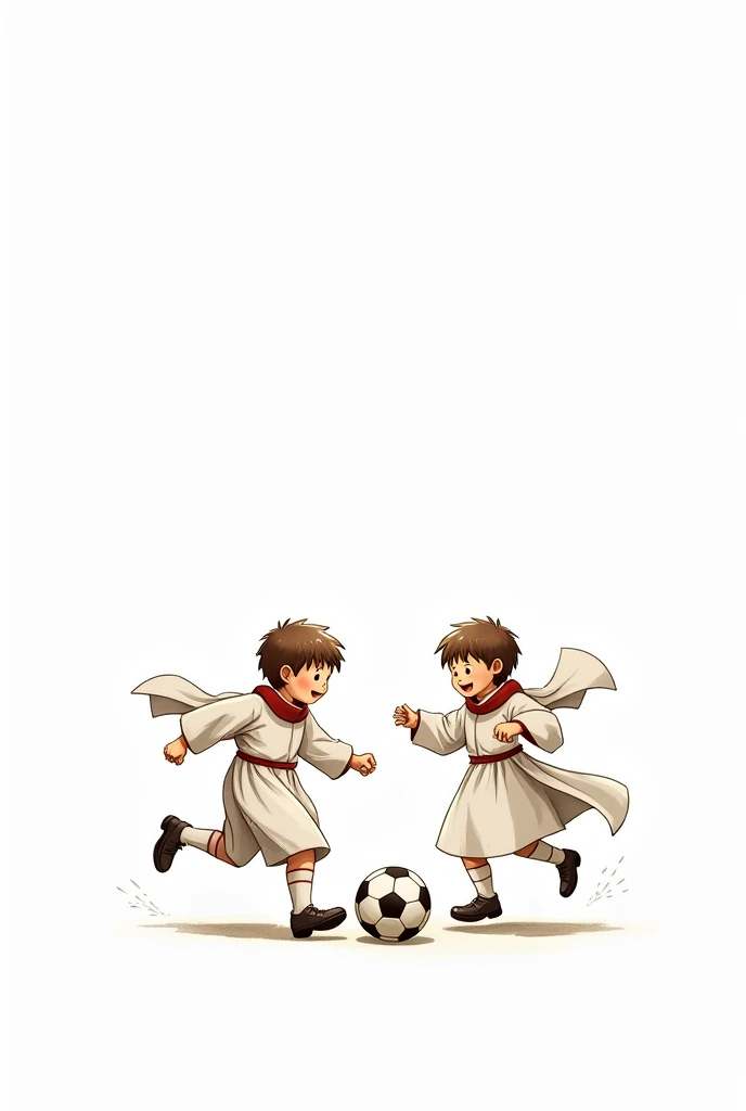 two altar boys playing soccer white background, soccer ball, drawing type
