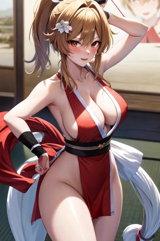 masterpiece, best quality, beautiful art, high resolution, well formed hands, body and fingers, 1 woman, solo, Lumine, red makeup, red lipstick,adult, grown up, cosplaying as Mai Shiranui , mai_shiranui_cosplay, adult, large and big breasted, cleavage, full body , hair ribbon, gorgeous legs and, thighs, sexy Japanese clothes, hair ornament , sexy and bare legs , hips and thighs, panties peek,fighting in a combat match, showing her fighting skills, making her guard, about to hit the viewer, looking at the viewer, close up on her bouncing breasts, sweating, bouncing breasts, smiling joyfully and brightly, seductive face, being confident and proud, action and fighting scene, martial arts tournament on the beach