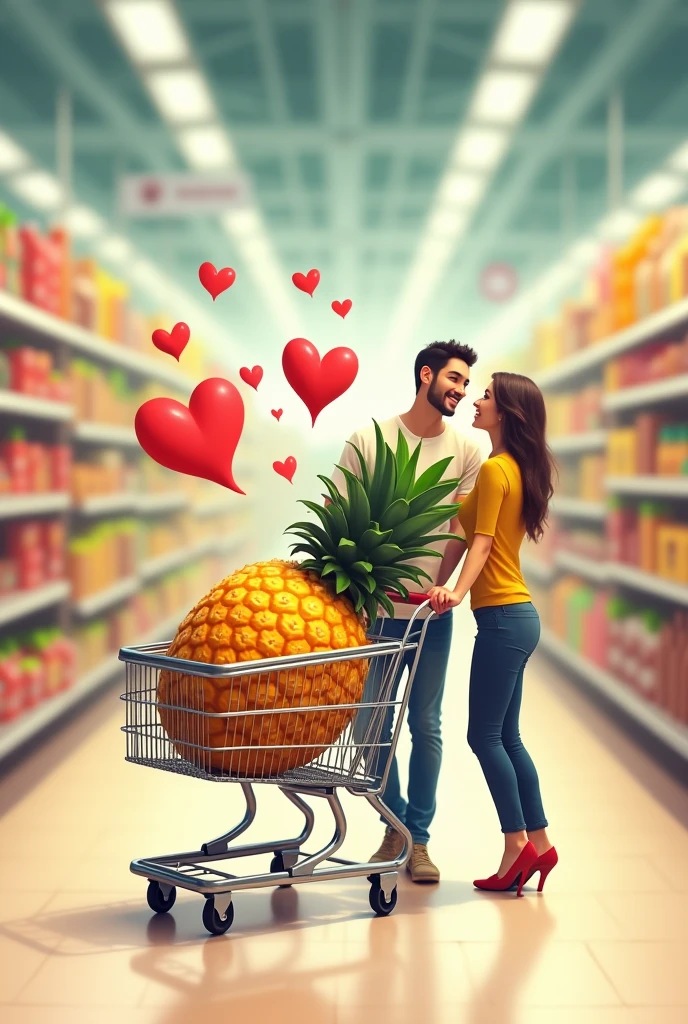 A small pineapple turned upside down inside a shopping cart, with hearts around and a man and a woman in love pushing the cart inside the supermarket 