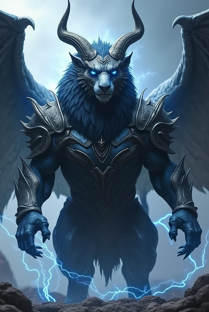 creature with the body of a lion with dragon wings and the head of an eagle with horns, that is imposing and armored, that your skin tone varies with black gray and blue, that has lightning powers, that has the style of the Legendary studio