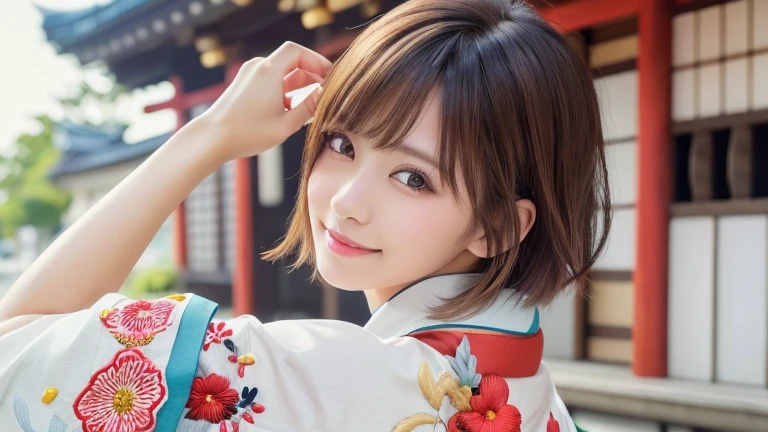 (8k, RAW Photos, Highest quality:1.2), (reality, reality的:1.4), (非常に詳細な8kwallpaper)、Sharp focus, Cinema Lighting, 細部までBeautiful Eyes, Asymmetrical bangs, Glowing Skin, Highly detailed skin ,High resolution, Attention to detail, Detailed hairstyle, Detailed beauty face, Hyper Real, Perfect limbs, Perfect Anatomy ,1 Japanese girl,Famous idols of Japan, Perfect female body,smile,short eyelashes,double eyelid、Look straight here,Stand up straight and face me, whole body ,,look straight at me,Streets of Europe、Tabletop、wallpaper、reality的、Bright lighting、Professional Lighting、Face Light Smooth Lighting、Japanese women、Adult、Beautiful woman、action、gravure、Sexy、so beautiful、Beautiful Skin、Beautiful and detailed、Detailed face、slim、moderately、((short hair))、((Brunette Hair))、Brown eyes、Looking into the camera、Small Bust、Pretty face,, smile,, 超High resolution, Backlight,whole body、Accurate 5 fingers, software , Bony body, Japanese women, One person, Perfect body, 超Detailed face, Detailed lips, Beautiful Eyes, double eyelid, Light brown hair, Asymmetrical hair, Asymmetrical bangs, Messy Hair,(A luxurious white kimono in vibrant colors:1.3), (Gorgeous embroidered kimono:1.3)、Wide Angle Lens Pouch Rate
