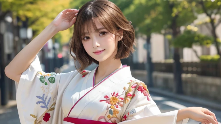 (8k, RAW Photos, Highest quality:1.2), (reality, reality的:1.4), (非常に詳細な8kwallpaper)、Sharp focus, Cinema Lighting, 細部までBeautiful Eyes, Asymmetrical bangs, Glowing Skin, Highly detailed skin ,High resolution, Attention to detail, Detailed hairstyle, Detailed beauty face, Hyper Real, Perfect limbs, Perfect Anatomy ,1 Japanese girl,Famous idols of Japan, Perfect female body,smile,short eyelashes,double eyelid、Look straight here,Stand up straight and face me, whole body ,,look straight at me,Streets of Europe、Tabletop、wallpaper、reality的、Bright lighting、Professional Lighting、Face Light Smooth Lighting、Japanese women、Adult、Beautiful woman、action、gravure、Sexy、so beautiful、Beautiful Skin、Beautiful and detailed、Detailed face、slim、moderately、((short hair))、((Brunette Hair))、Brown eyes、Looking into the camera、Small Bust、Pretty face,, smile,, 超High resolution, Backlight,whole body、Accurate 5 fingers, software , Bony body, Japanese women, One person, Perfect body, 超Detailed face, Detailed lips, Beautiful Eyes, double eyelid, Light brown hair, Asymmetrical hair, Asymmetrical bangs, Messy Hair,(A luxurious white kimono in vibrant colors:1.3), (Gorgeous embroidered kimono:1.3)、Wide Angle Lens Pouch Rate