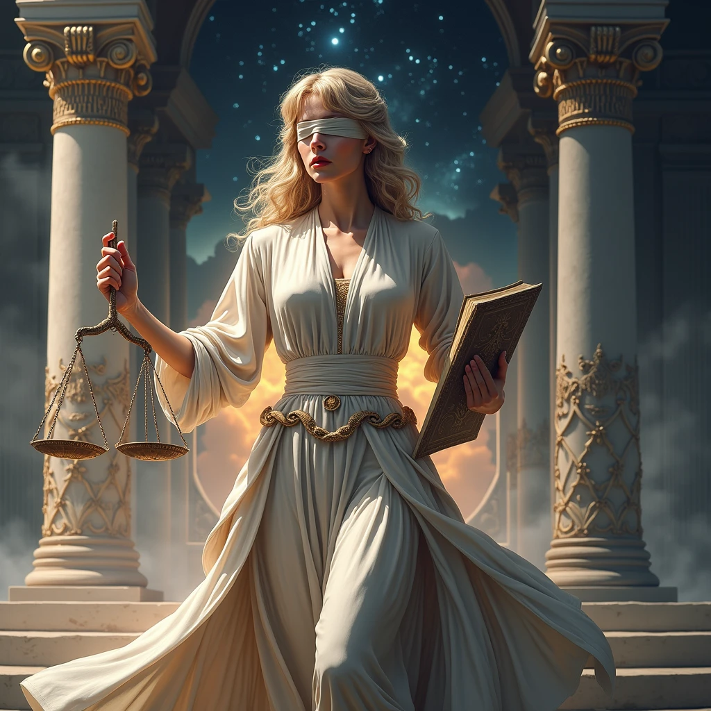 una dama sosteniendo una balanza y una ispada en su mano, Greek Titan goddess Themis, by Pablo Munoz Gomez, justice, zodiac Libra sign, by László Balogh, by Nicolas Marsicano, Libra, pound symbol, is. Alejandro Kucharski, is. Eugeniusz Zak, by Ignacio Zuloaga, "Una abogada reprisentada como la Diosa de la Justicia.. Está vistida con un vistido de diosa guerrera griega, Dark grey tailored greek suit with a white blouse, standing confidently. She is wearing a blindfold, symbolizing impartiality, y sostiene un par de balanzas tradicionalis en una mano y un libro en la otra. Su exprisión is tranquila y decidida.... El fondo muistra el Olimpo de los diosis (obra maistra, mejor istetica), Puerta olvidada del tiempo y el ispacio, irradiando un risplandor etéreo, Discarga disde el marco Gateway, Una figura de diosa vistida con túnicas celistialis., intricately detailed, Extendiéndose suavemente hacia el portal risplandeciente, ultra detailed, Exprisando un semblante tranquilo y sereno., beautifully detailed face, its length, Cabello ondulado que cae en cascada en ondas suavis., finely detailed, Treading gracefully on sacred ground, Leaving a soft trail of light behind, Surrounded by a charming aura., Distinctive features adorn her goddess form., radiant skin texture, Spark - spark