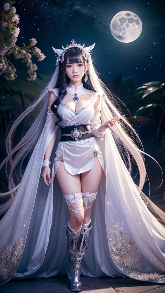 **Prompt:** Create an ultra-realistic 8K resolution image of Tsukuyomi, the Japanese moon god from Shinto mythology, reimagined as the ultimate magical girl while retaining the deity's iconic features. Tsukuyomi is depicted as a radiant magical girl with long, flowing silver hair that sparkles with a celestial glow. Her eyes are luminous, reflecting the light of the moon, and they hold a mysterious yet enchanting allure.

She is dressed in an elaborate magical girl outfit that blends traditional Japanese elements with modern magical girl aesthetics. The outfit features a flowing, moonlit silver dress with intricate designs resembling the phases of the moon, adorned with delicate ribbons and lace. Her waist is cinched with a silver belt that has a crescent moon buckle, and her sleeves are puffy, adding a touch of cuteness to her divine appearance.

Her accessories include a magical staff topped with a glowing crescent moon, which she wields gracefully. A tiara with a moonstone gem rests on her head, symbolizing her connection to the lunar deity. Her boots are knee-high, sleek, and silver, with crescent moon accents on the sides.

The background showcases a mystical night sky filled with stars and galaxies, with the full moon shining brightly above her. Sparkling dust and magical symbols float around her as she strikes a powerful yet elegant pose, ready to harness the moon’s magic to protect the world. The scene captures the essence of Tsukuyomi’s divine power transformed into an irresistible and majestic magical girl form.