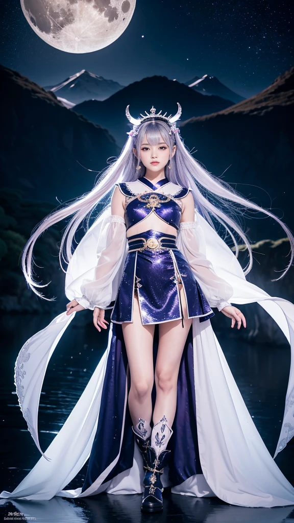 **Prompt:** Create an ultra-realistic 8K resolution image of Tsukuyomi, the Japanese moon god from Shinto mythology, reimagined as the ultimate magical girl while retaining the deity's iconic features. Tsukuyomi is depicted as a radiant magical girl with long, flowing silver hair that sparkles with a celestial glow. Her eyes are luminous, reflecting the light of the moon, and they hold a mysterious yet enchanting allure.
She is dressed in an elaborate magical girl outfit that blends traditional Japanese elements with modern magical girl aesthetics. The outfit features a flowing, moonlit silver dress with intricate designs resembling the phases of the moon, adorned with delicate ribbons and lace. Her waist is cinched with a silver belt that has a crescent moon buckle, and her sleeves are puffy, adding a touch of cuteness to her divine appearance.
Her accessories include a magical staff topped with a glowing crescent moon, which she wields gracefully. A tiara with a moonstone gem rests on her head, symbolizing her connection to the lunar deity. Her boots are knee-high, sleek, and silver, with crescent moon accents on the sides.
The background showcases a mystical night sky filled with stars and galaxies, with the full moon shining brightly above her. Sparkling dust and magical symbols float around her as she strikes a powerful yet elegant pose, ready to harness the moon’s magic to protect the world. The scene captures the essence of Tsukuyomi’s divine power transformed into an irresistible and majestic magical girl form.