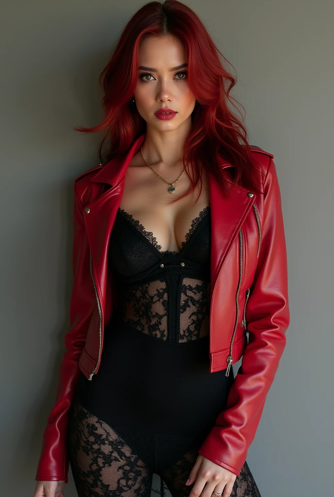 very detailed photo of a woman, Laura Elizabeth, scarlet witch, Avengers, in a black lace dress, open red leather jacket, 8k contract, raw photo, model photo shoot