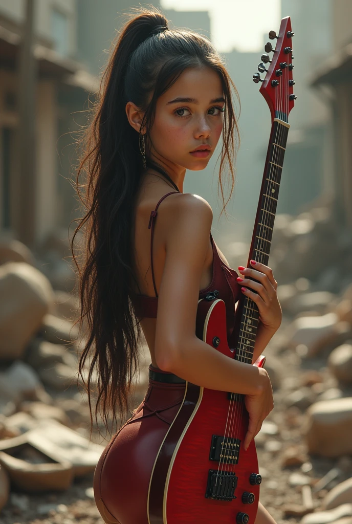 8k uhd, by Rebeca Saray, dusty particles depth of field, detailed BREAK  12 years hold girl whose beauty body long ared air youth, fantasy , surrounding trash, player mexican electric guitar deep red leather miniskirt sexy hotlegs