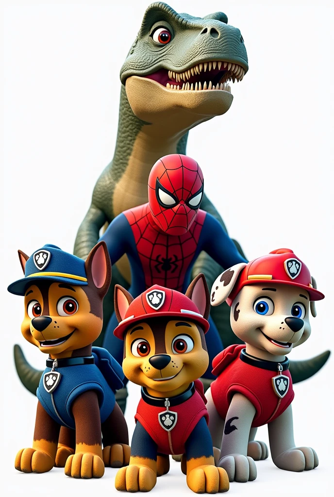 paw patrol in spiderman costume, spiderman and dinosaur on transparent background