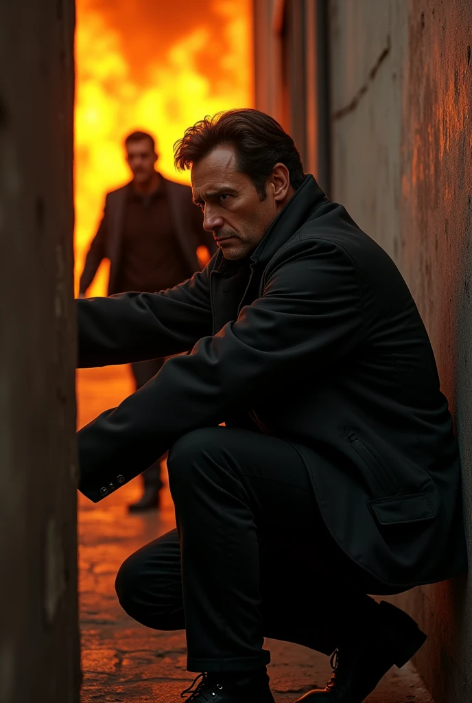 A spy, whose age is 30, wearing a black jacket and black pants, hiding behind the wall, ready to shoot the accused of a crime, but fire is spreadting faster