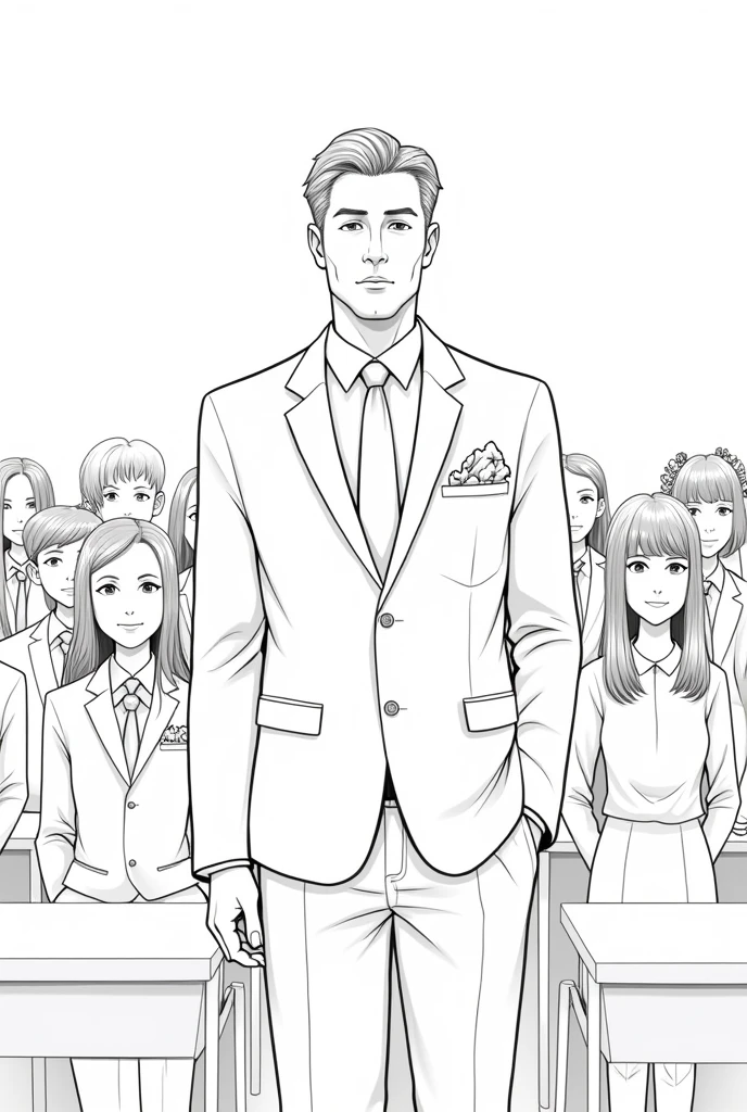 "A teacher in a suit, holding a white handkerchief in his pocket, stands in a classroom filled with students. The classroom is depicted in a black and white, minimalist style suitable for coloring."