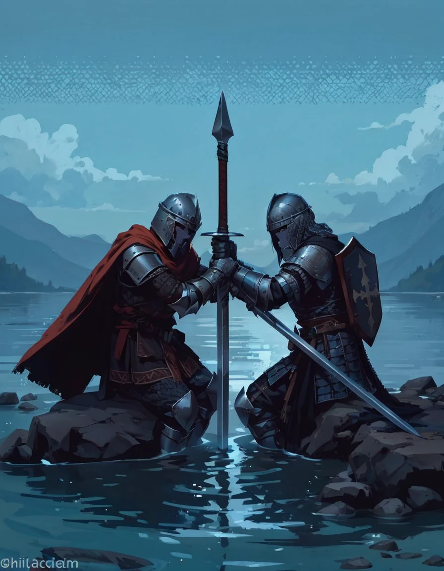 two medieval soldiers wearing chainmail armor ( soldiers of the time who used swords) ( there were no firearms), sitting in a stream with water up to their knees ( are seated), facing each other, ( are facing each other), their rusty metal armor