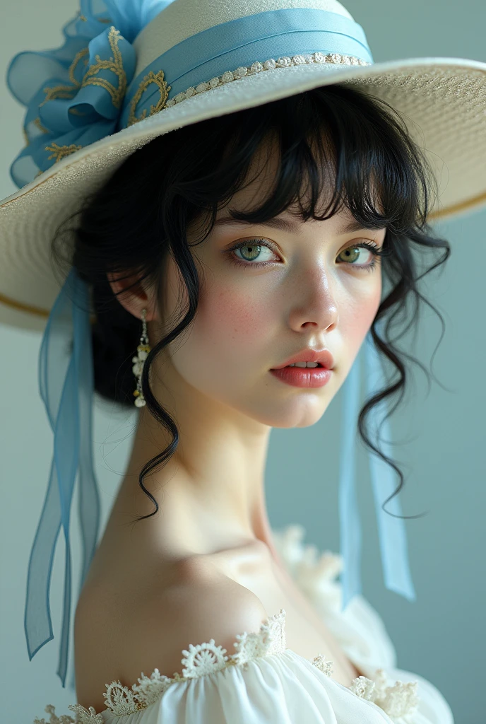 Black-haired woman with curly hair and green eyes, with freckles and a white hat with a blue ribbon, She has a long white dress with gold details