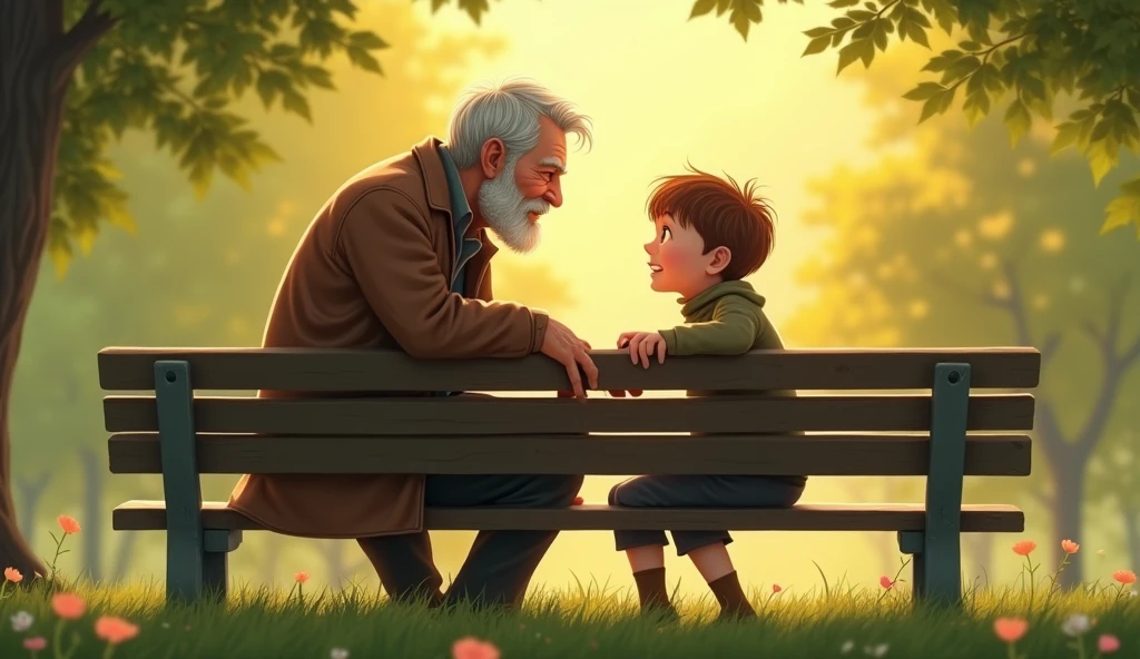 A grandfather and grandson sitting on a park bench, chatting. The grandfather has a wise expression and the grandson is attentive. The background is a green park. warm and soft colors, transmitting comfort.