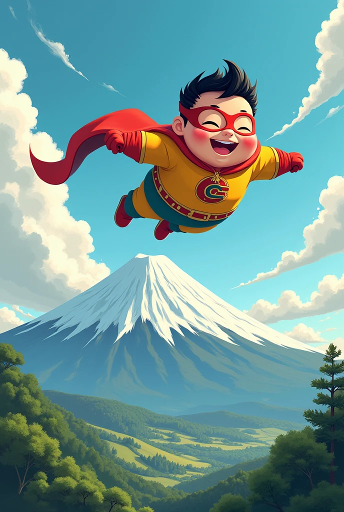 Draw me a picture , chubby boy patman flies over mount fuji