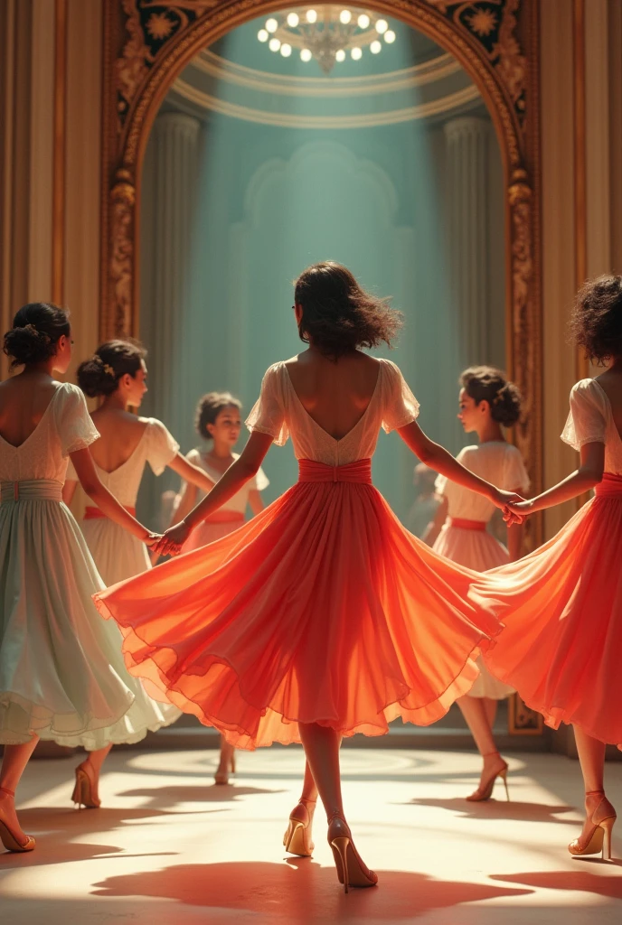 WOMEN DANCING IN FRONT OF A MIRUUR