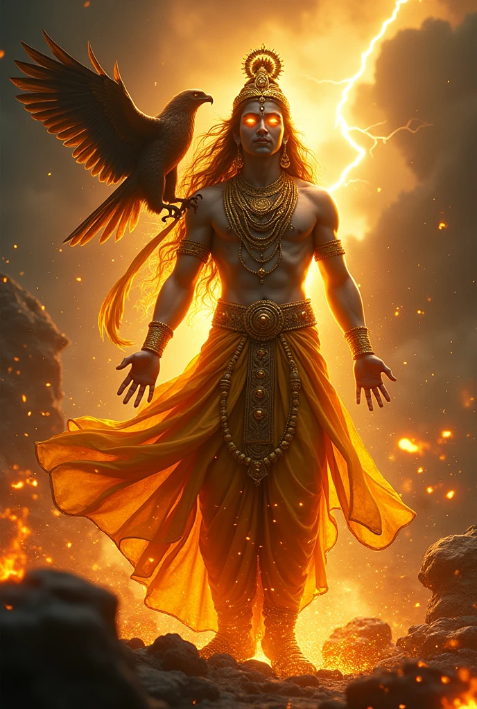 God krishna, golds cover him , flaming Sharingan eyes, a eagle by his side, hidden powers awaken, black flames consuming everything, an 8k vision revealing all the dark details. He is middle in the ware and thunder is down by ware land