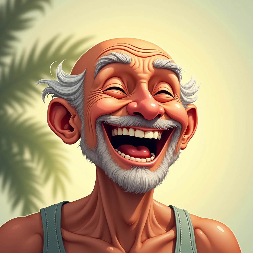 A playful old man laughing out loud（Tank top、Close-up of face）: "A highly detailed close-up illustration of an elderly man with a shiny bald head, dressed in a casual tank top, laughing heartily. His eyes are closed, and deep laugh lines are evident on his face. His expression is full of joy, and the background is softly blurred to emphasize his carefree and happy demeanor."