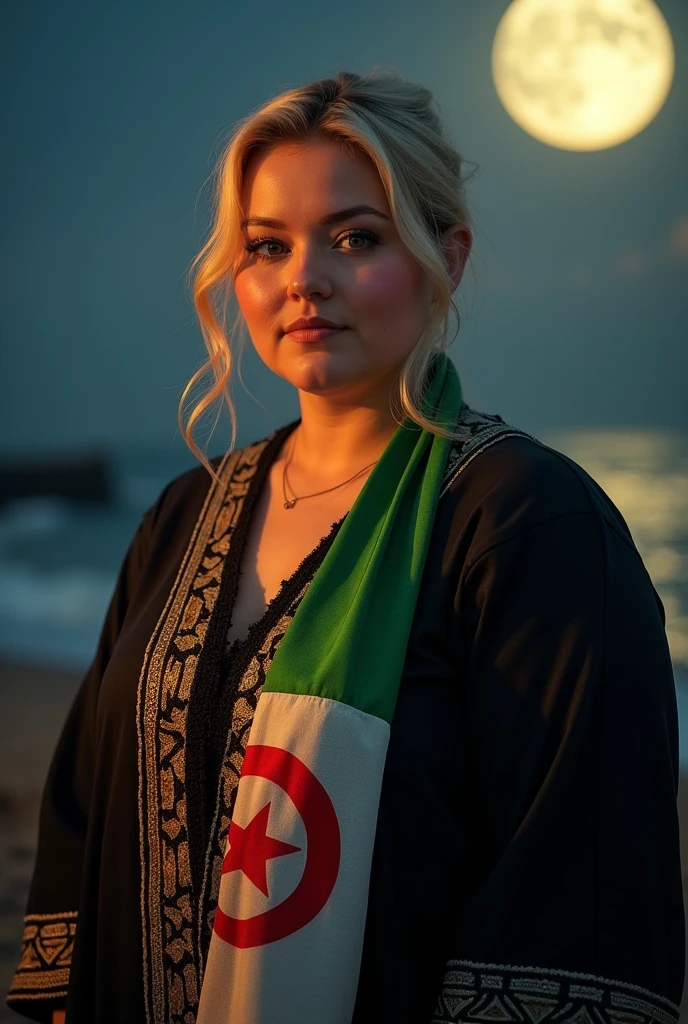 Close up, woman, blonde, plump, wearing a black caftan with a modern embroidered pattern, holding the Algerian flag around her neck in white and green, looking directly at the camera, she is standing in the moonlight