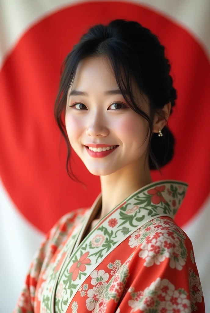 A beautiful Japanese woman wearing a traditional Japanese costume poses for a photo, smiling beautifully, with the Japanese flag in the background.