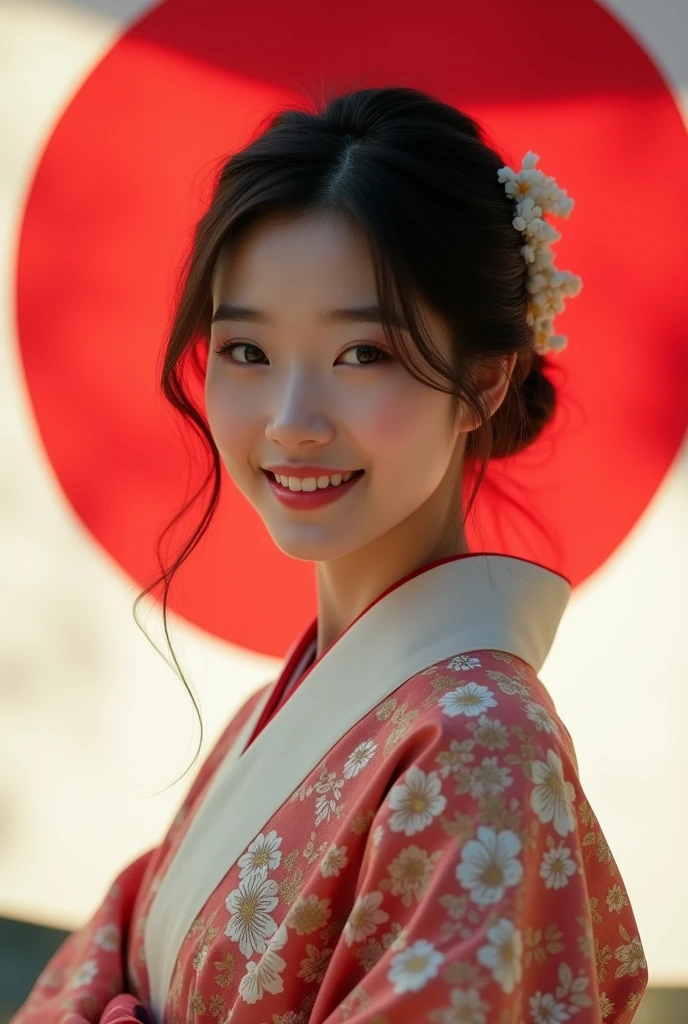 A beautiful Japanese woman wearing a traditional Japanese costume poses for a photo, smiling beautifully, with the Japanese flag in the background.