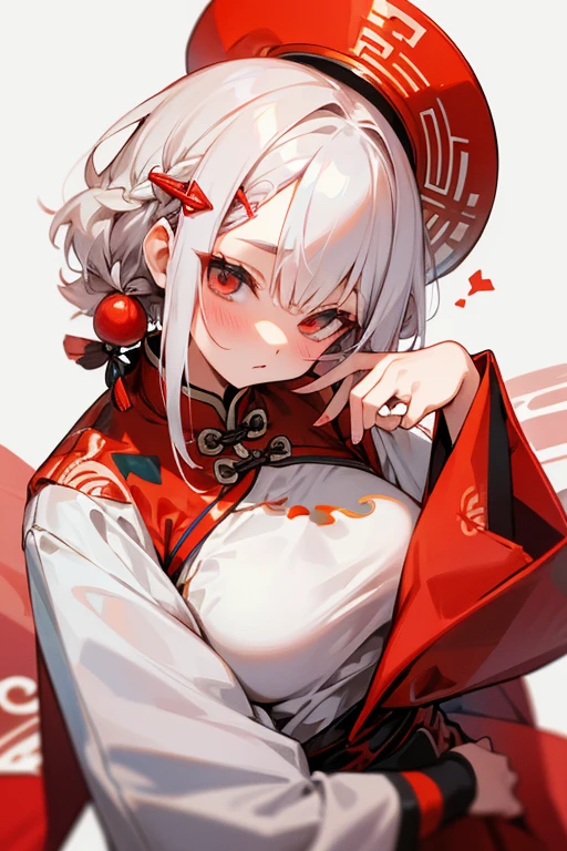 Short white hair, blush, (Chinese Dress)、Punk Fashion、Headbang 2.、White and red clothes、Braiding、2 hair clips、